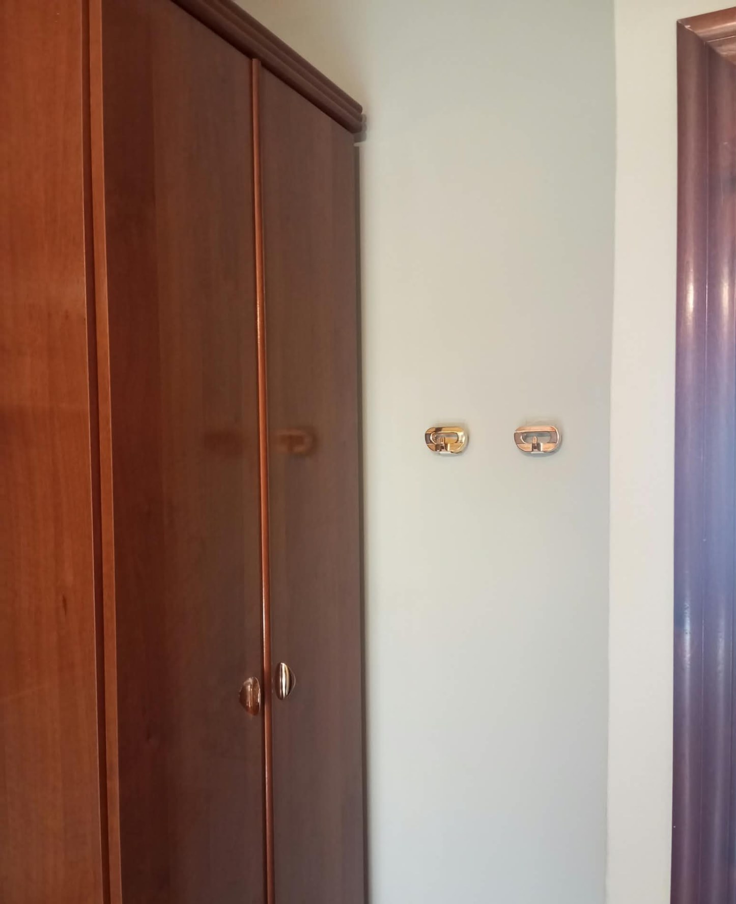 Armario de madera barnizado junto a pared pintada en tono claro