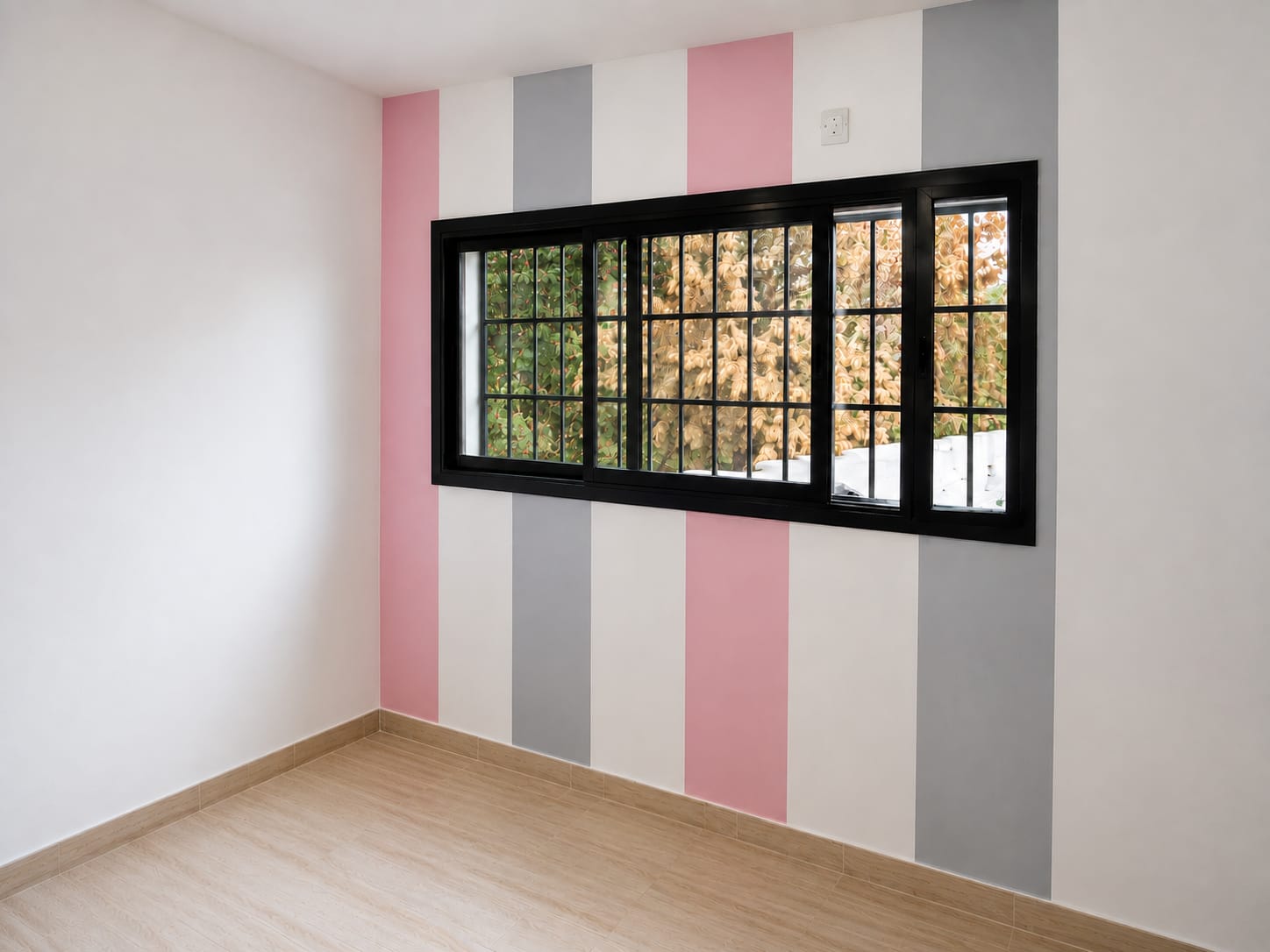 Habitación con pared de rayas verticales pintadas en rosa, gris y blanco