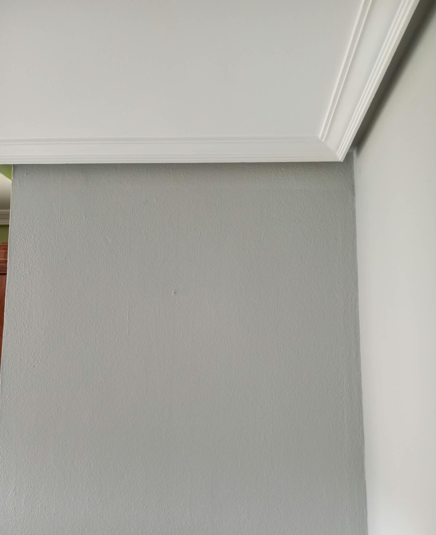Detalle de moldura de techo blanca y pared pintada en gris claro