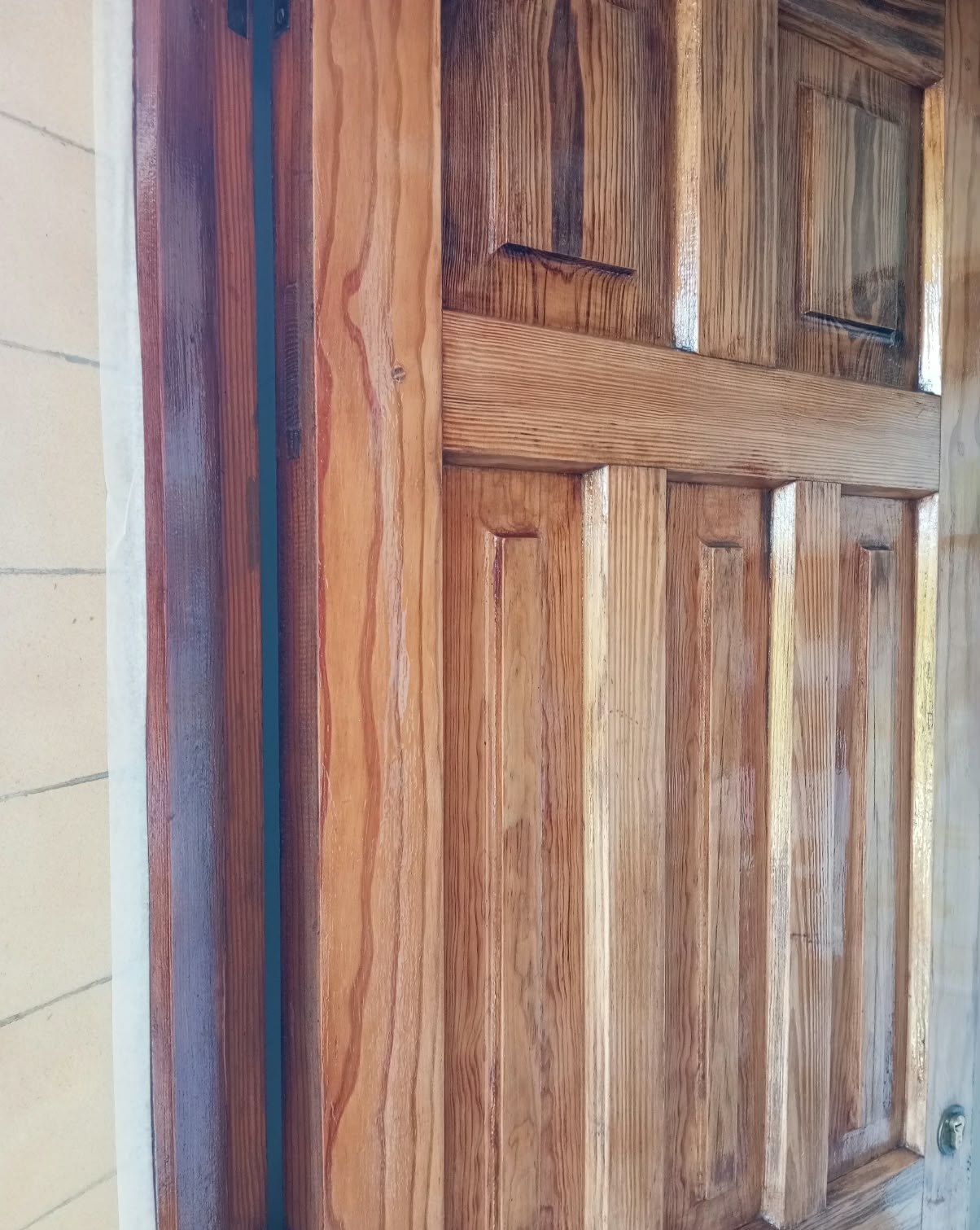 Puerta de madera barnizada vista completa con marcos