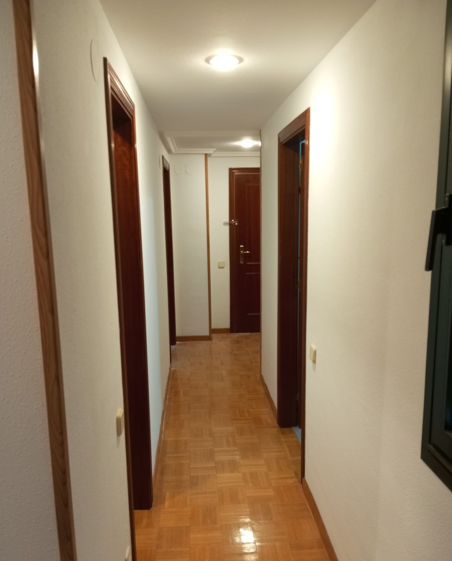 Pasillo de vivienda pintado en blanco con carpintería de madera barnizada