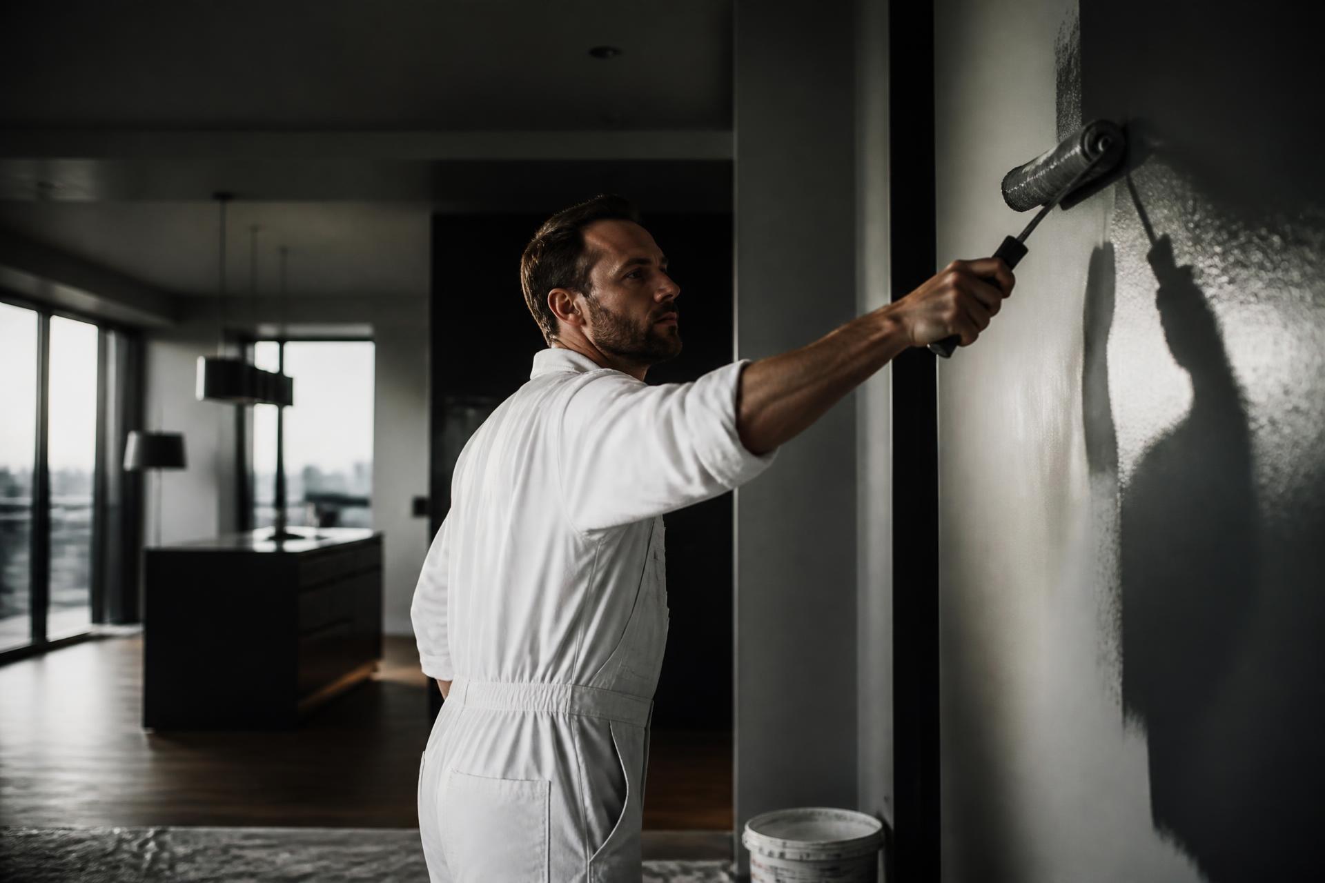 Pintor profesional aplicando pintura con rodillo en una vivienda moderna en Oviedo